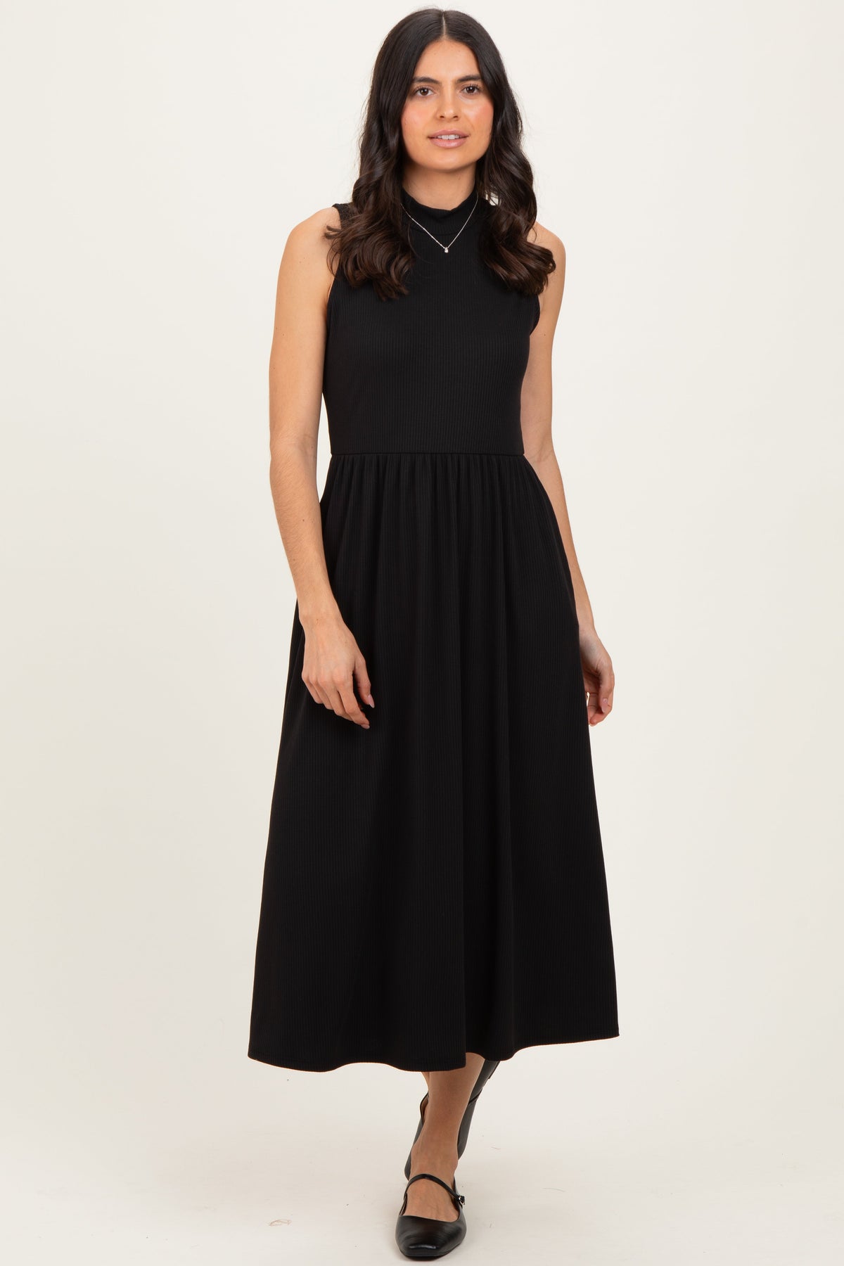 Black Ribbed Mock Neck Sleeveless Maternity Midi Dress