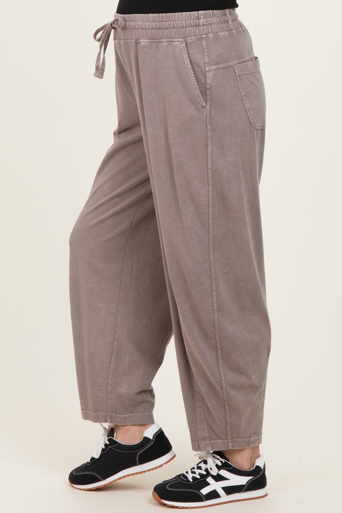 Mocha Mineral Wash Barrel Leg Maternity Lounge Pants