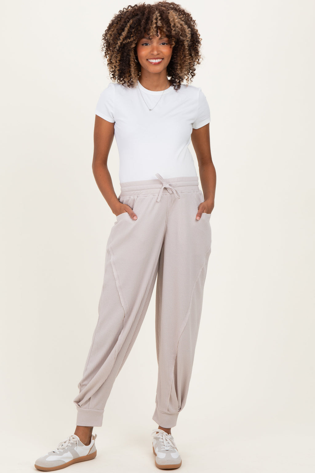 Beige Waffle Knit Raw Seam Maternity Joggers