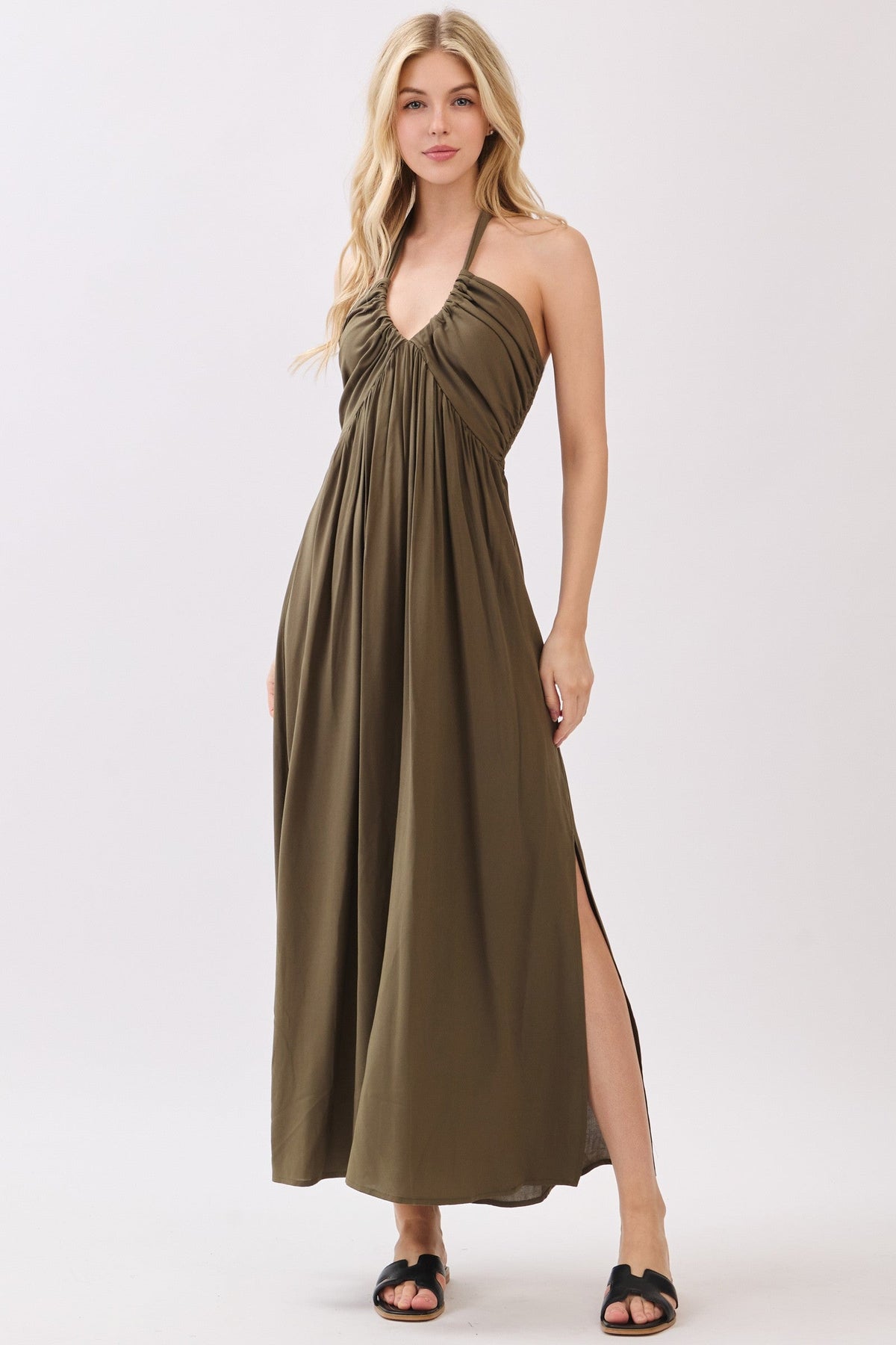 Olive Halter Neck Side Slit Maternity Midi Dress