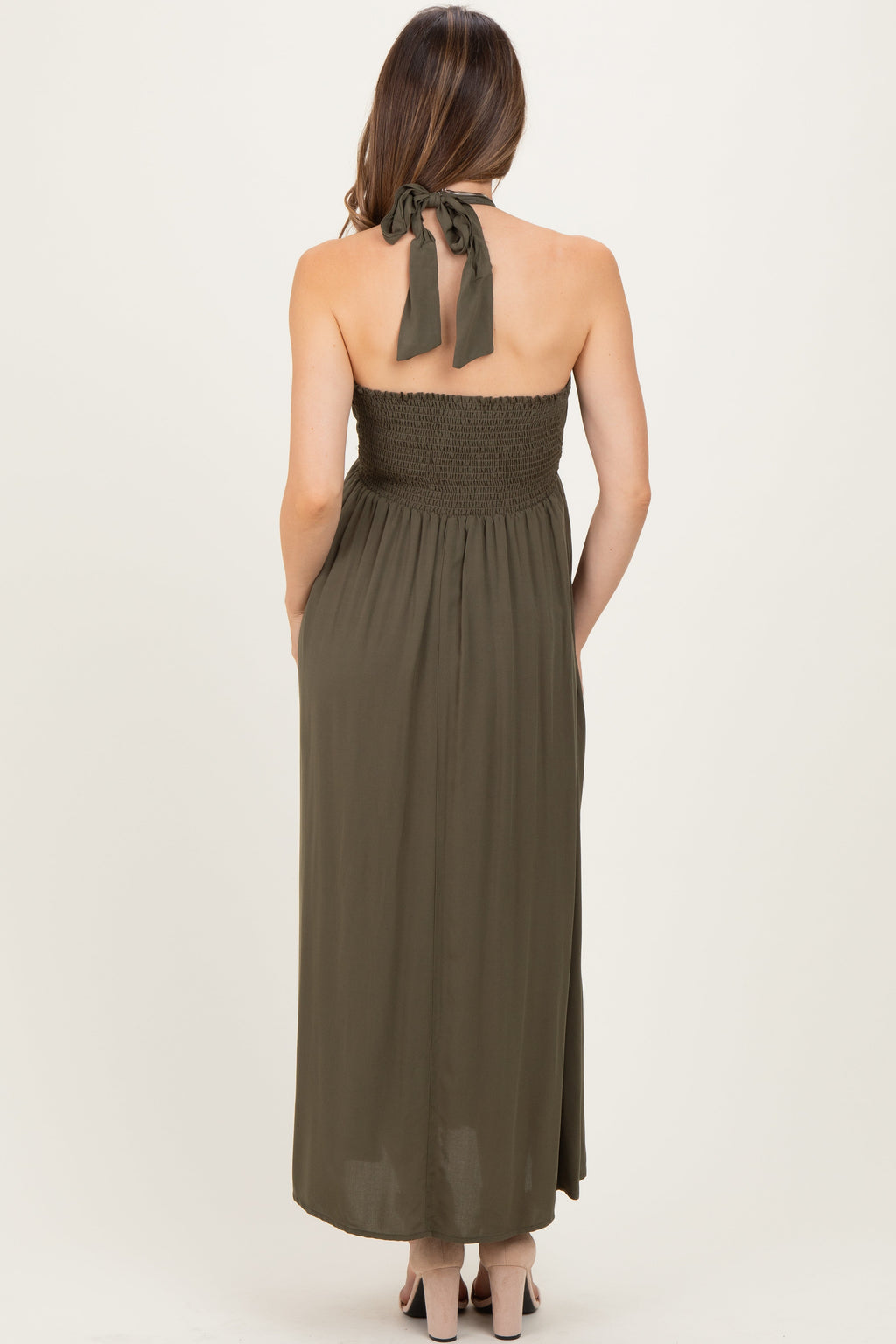 Olive Halter Neck Side Slit Maternity Midi Dress