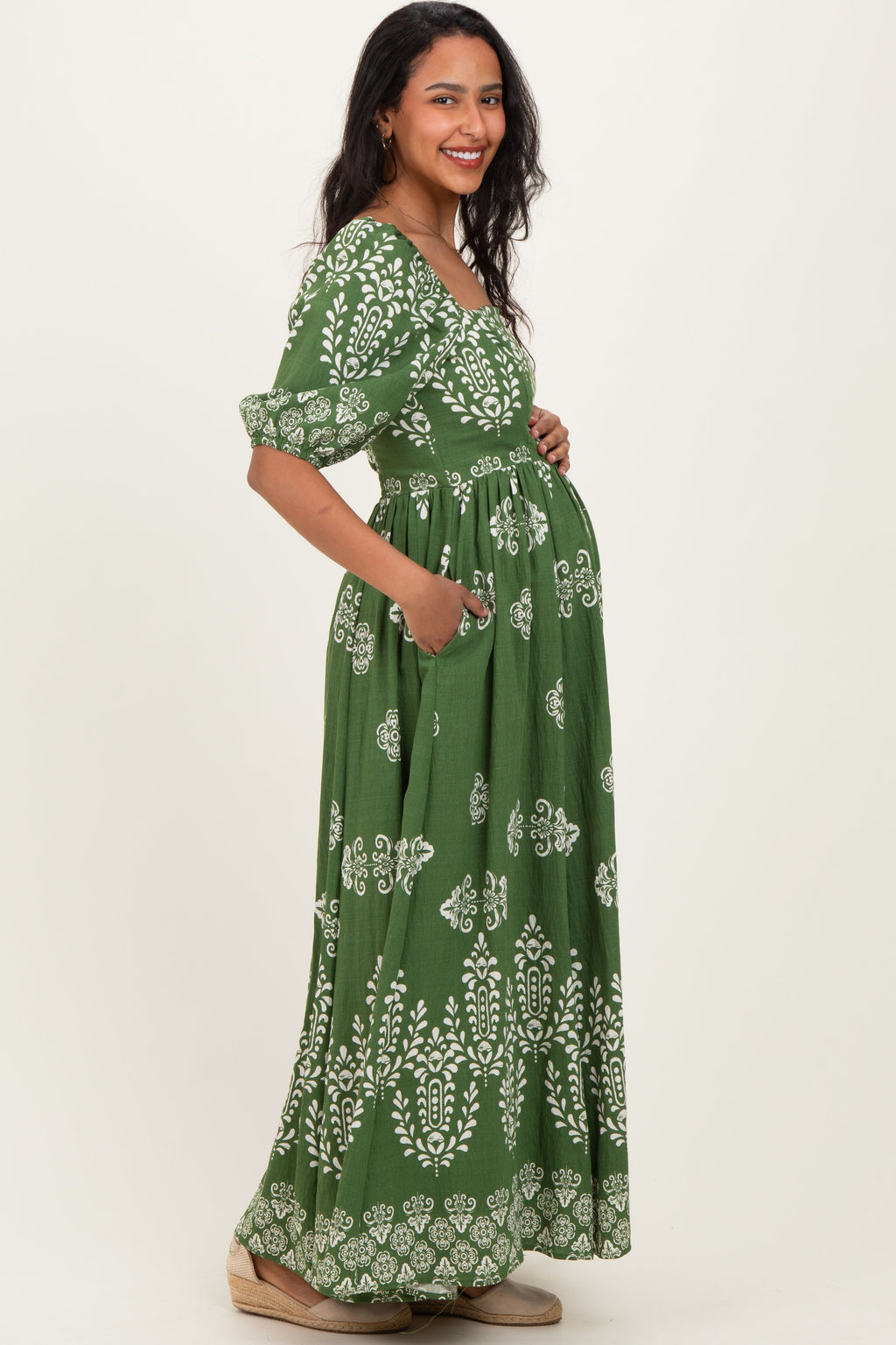 Green Damask Print Short Sleeve Maternity Maxi Dress