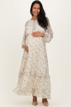 Cream Floral Chiffon Ruffle Detail Maternity Maxi Dress