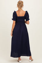 Navy Smocked Ruffle Accent Ribbon Tie Maternity Maxi Dress