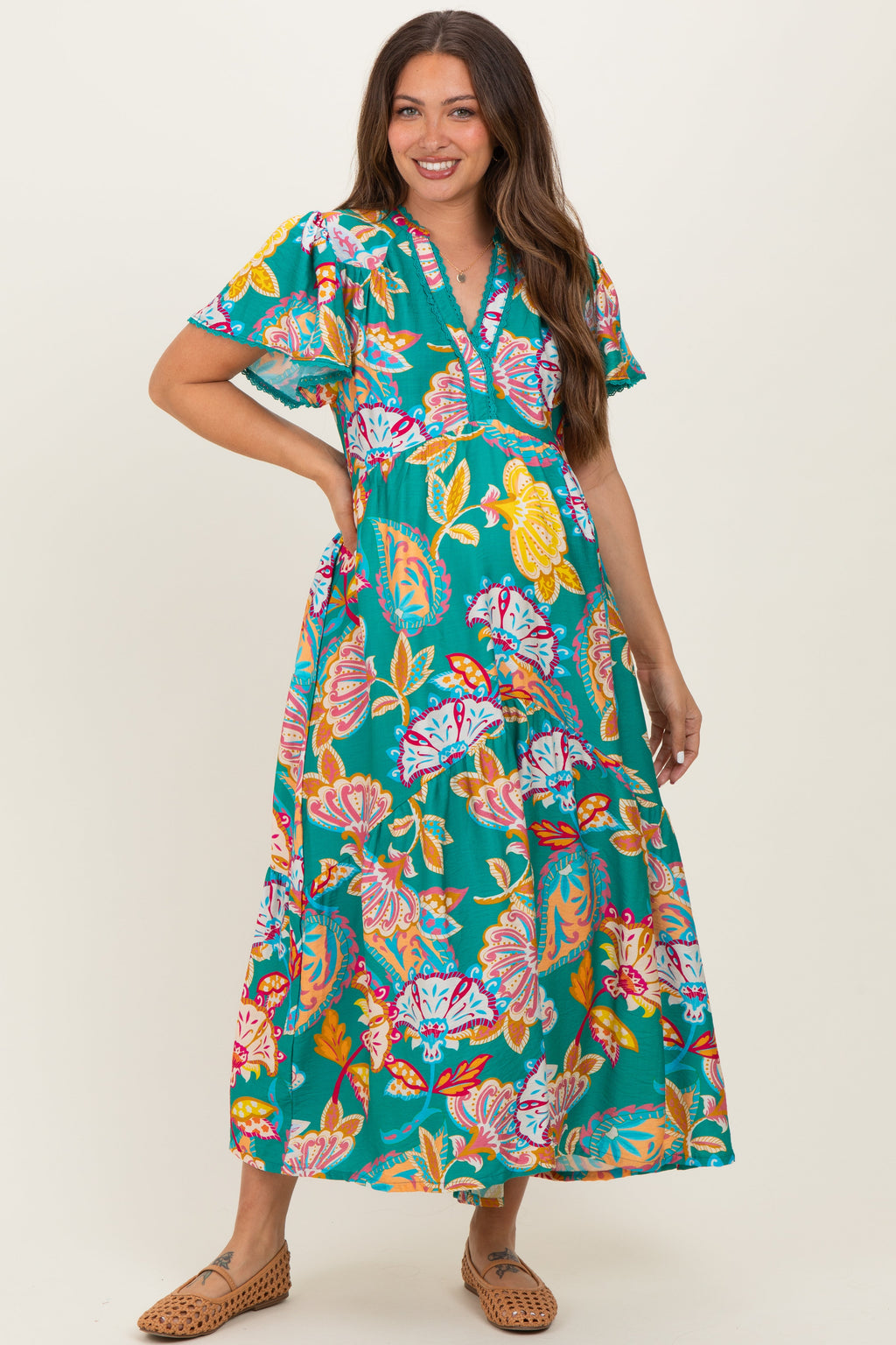 Emerald Boho Print Lace Trim Tiered Maternity Midi Dress