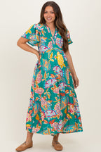 Emerald Boho Print Lace Trim Tiered Maternity Midi Dress