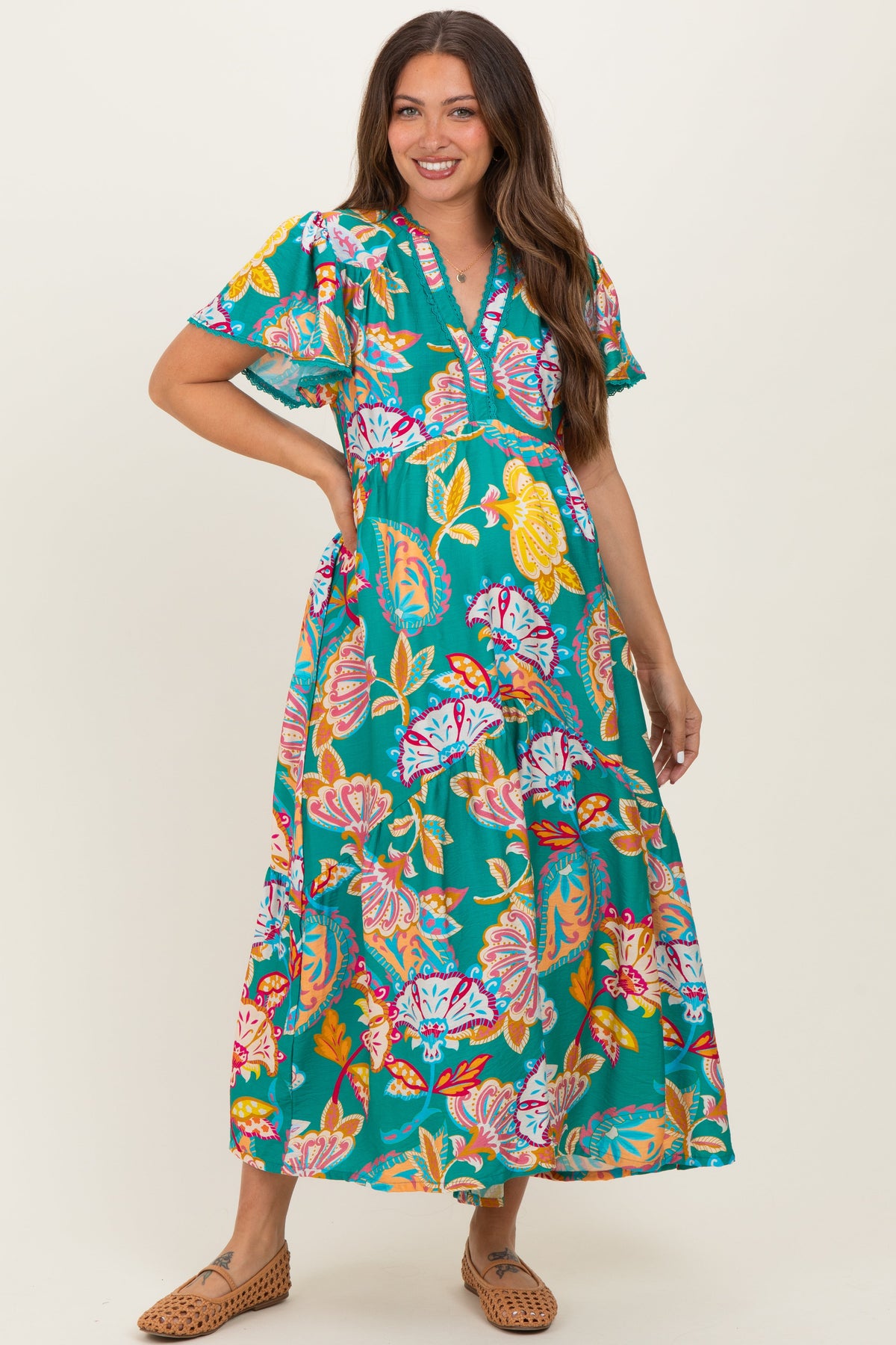 Emerald Boho Print Lace Trim Tiered Maternity Midi Dress