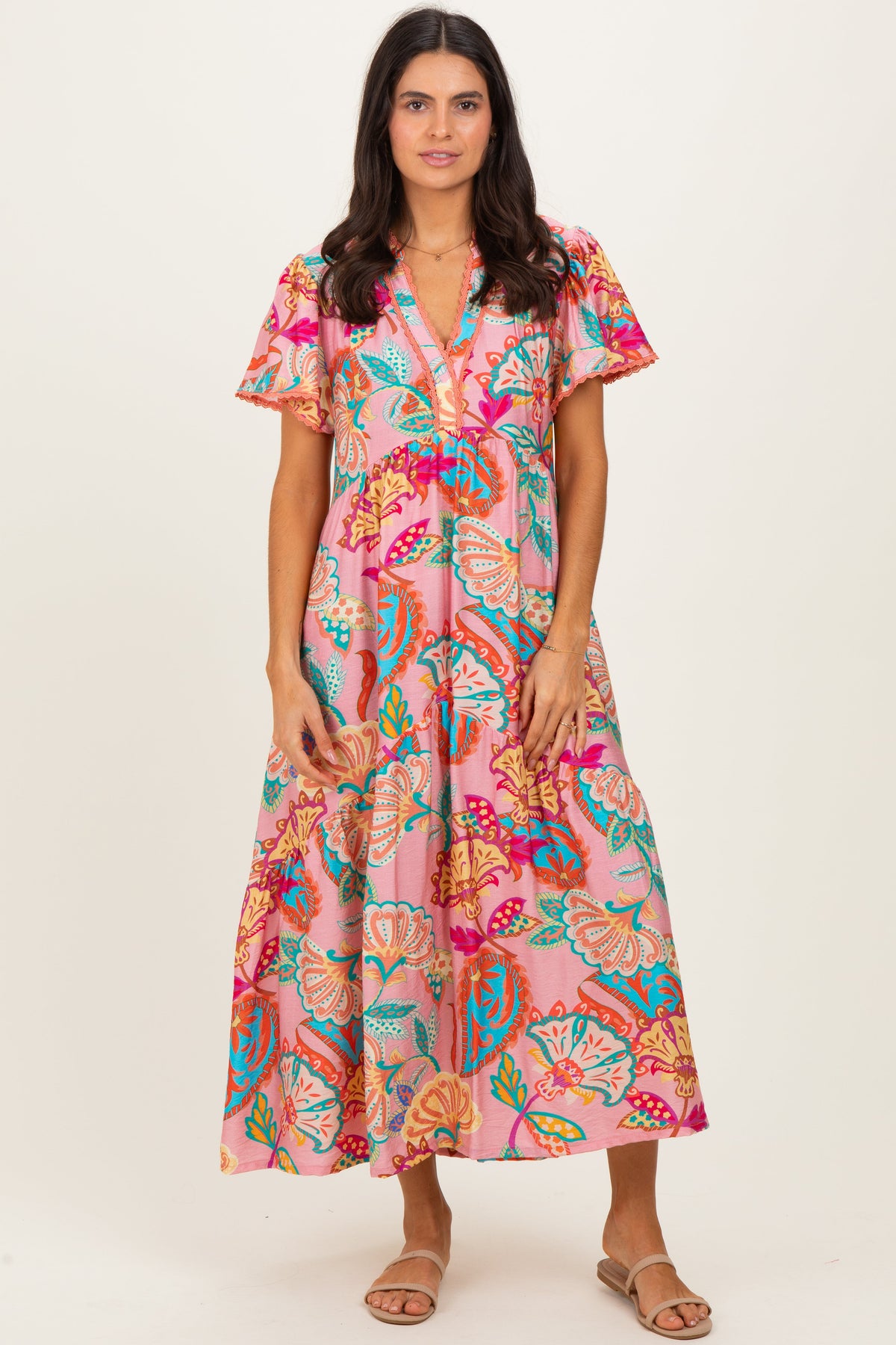 Pink Boho Print Lace Trim Tiered Maternity Midi Dress