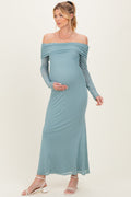 Blue Mesh Overlay Off Shoulder Long Sleeve Maternity Midi Dress