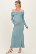 Blue Mesh Overlay Off Shoulder Long Sleeve Maternity Midi Dress