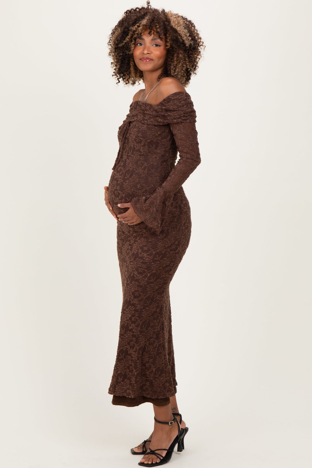 Chocolate Lace Off Shoulder Maternity Maxi Dress