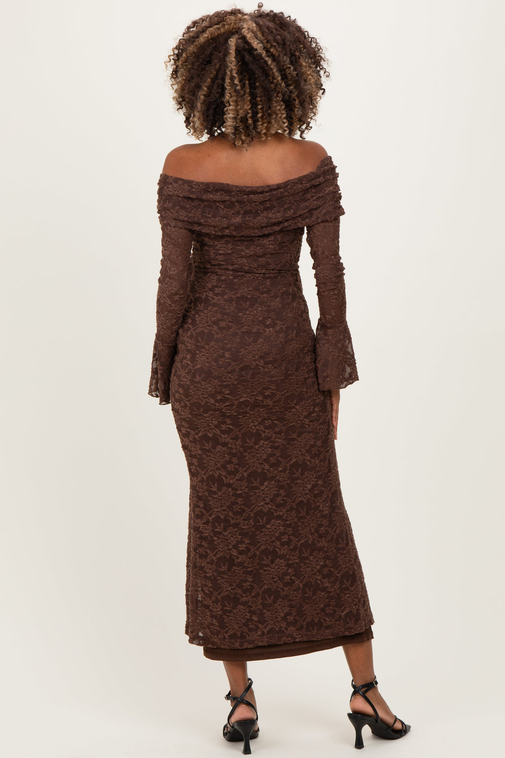 Chocolate Lace Off Shoulder Maternity Maxi Dress