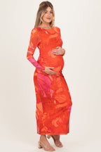 Coral Printed Mesh Open Back Maternity Maxi Dress
