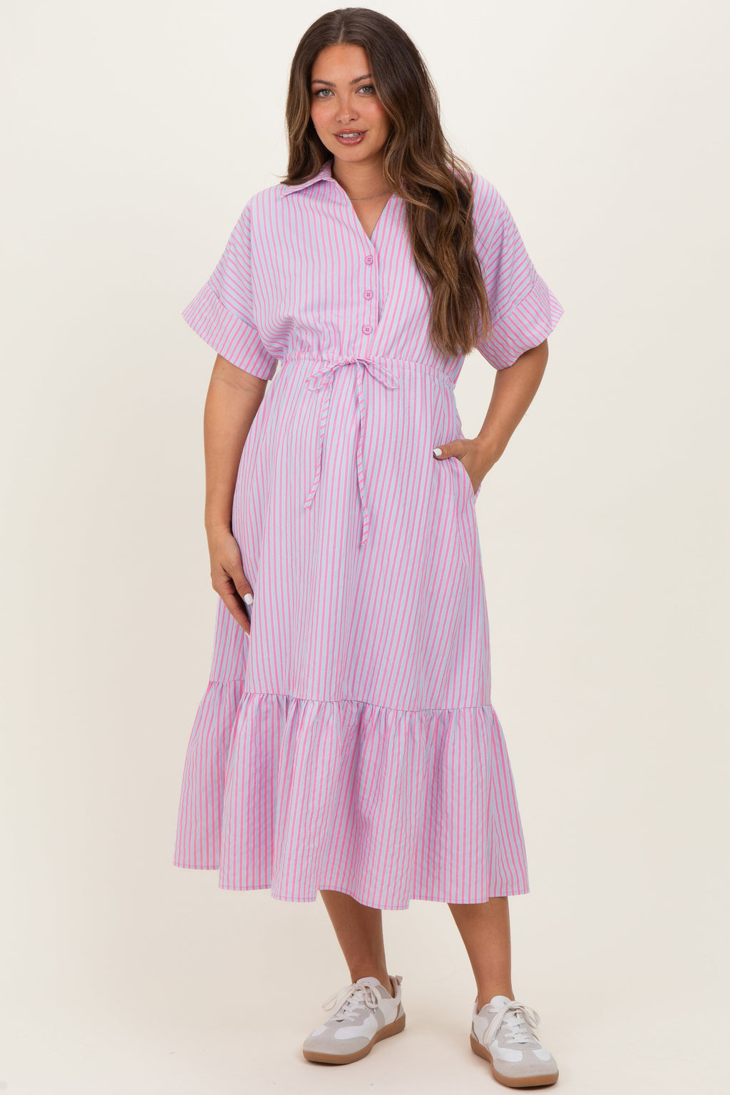 Pink Striped Button Collared Maternity Midi Dress