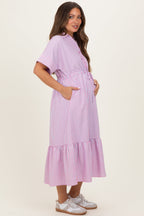 Pink Striped Button Collared Maternity Midi Dress