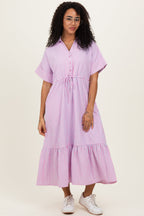 Pink Striped Button Collared Maternity Midi Dress