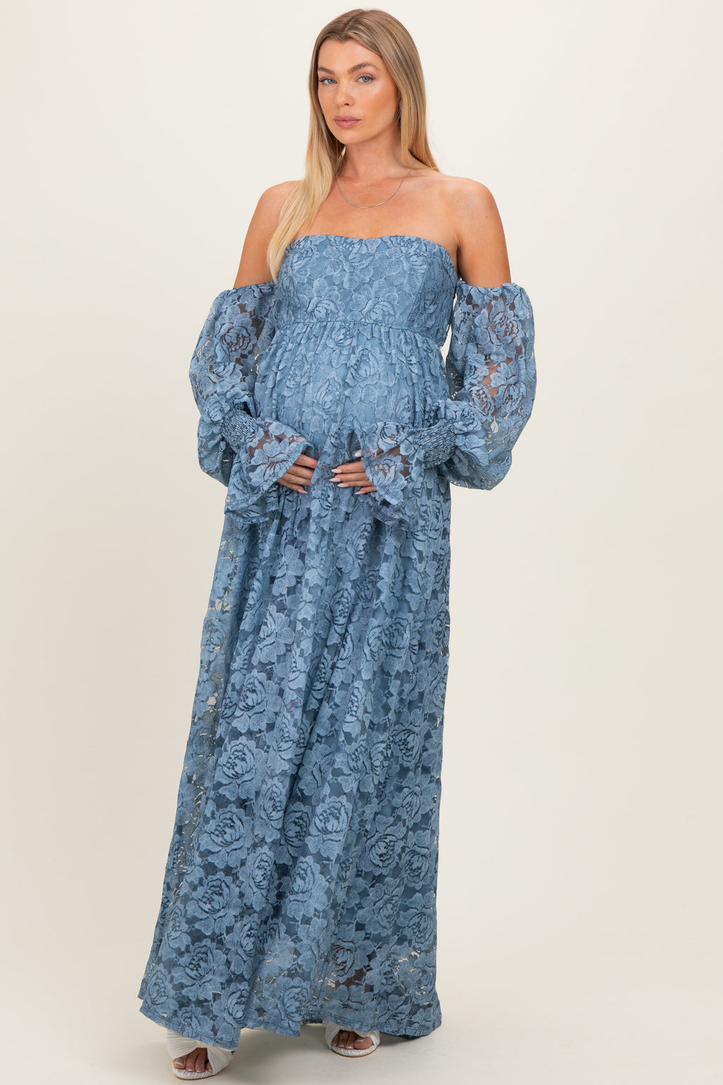 Blue Lace Off Shoulder Long Sleeve Maternity Maxi Dress