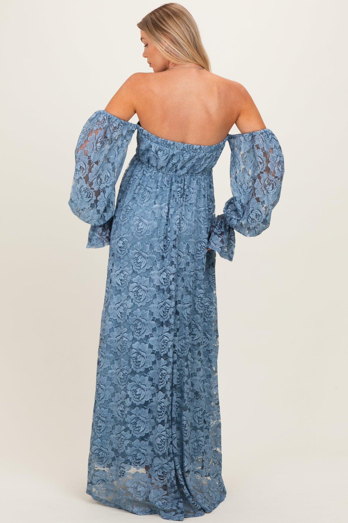 Blue Lace Off Shoulder Long Sleeve Maternity Maxi Dress
