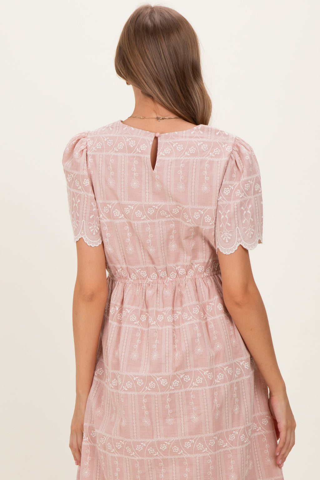 Light Pink Embroidered Floral Maternity Midi Dress
