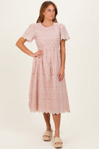 Light Pink Embroidered Floral Maternity Midi Dress