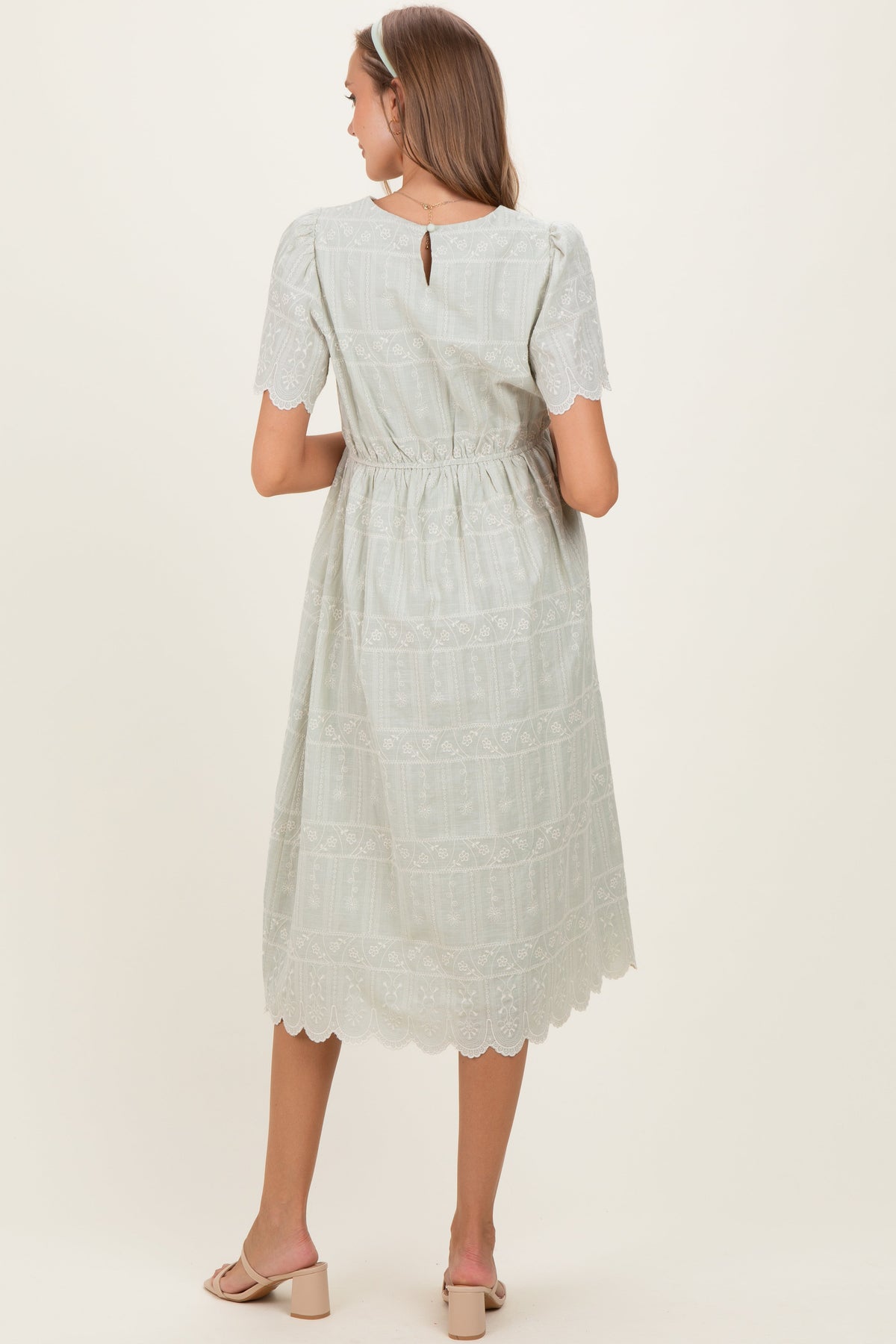 Light Olive Embroidered Floral Maternity Midi Dress