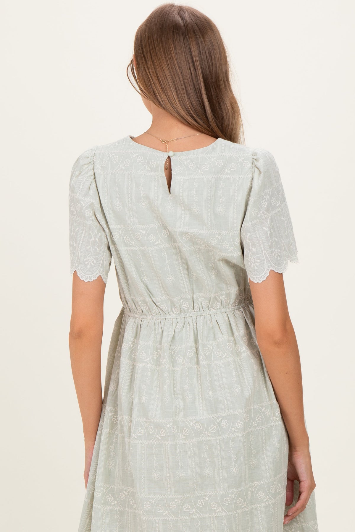Light Olive Embroidered Floral Maternity Midi Dress