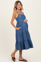 Dark Blue Tiered Sleeveless Maternity Midi Dress
