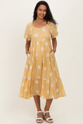 Saffron Yellow Embroidered Floral Tiered Maternity Midi Dress
