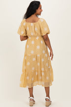 Saffron Yellow Embroidered Floral Tiered Maternity Midi Dress