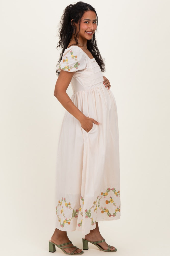 Creme Embroidered Floral Pleated Bodice Maternity Maxi Dress