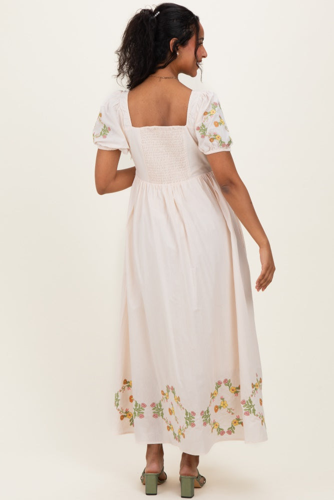 Creme Embroidered Floral Pleated Bodice Maternity Maxi Dress