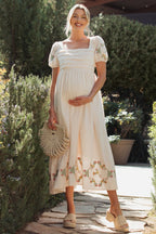 Creme Embroidered Floral Pleated Bodice Maternity Maxi Dress