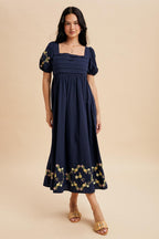 Navy Embroidered Floral Pleated Bodice Maternity Maxi Dress
