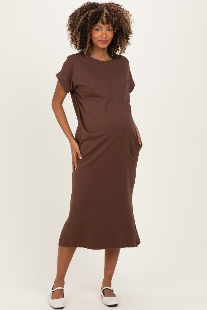 Brown Pocket Front Maternity Midi T-Shirt Dress