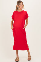 Red Pocket Front Maternity Midi T-Shirt Dress