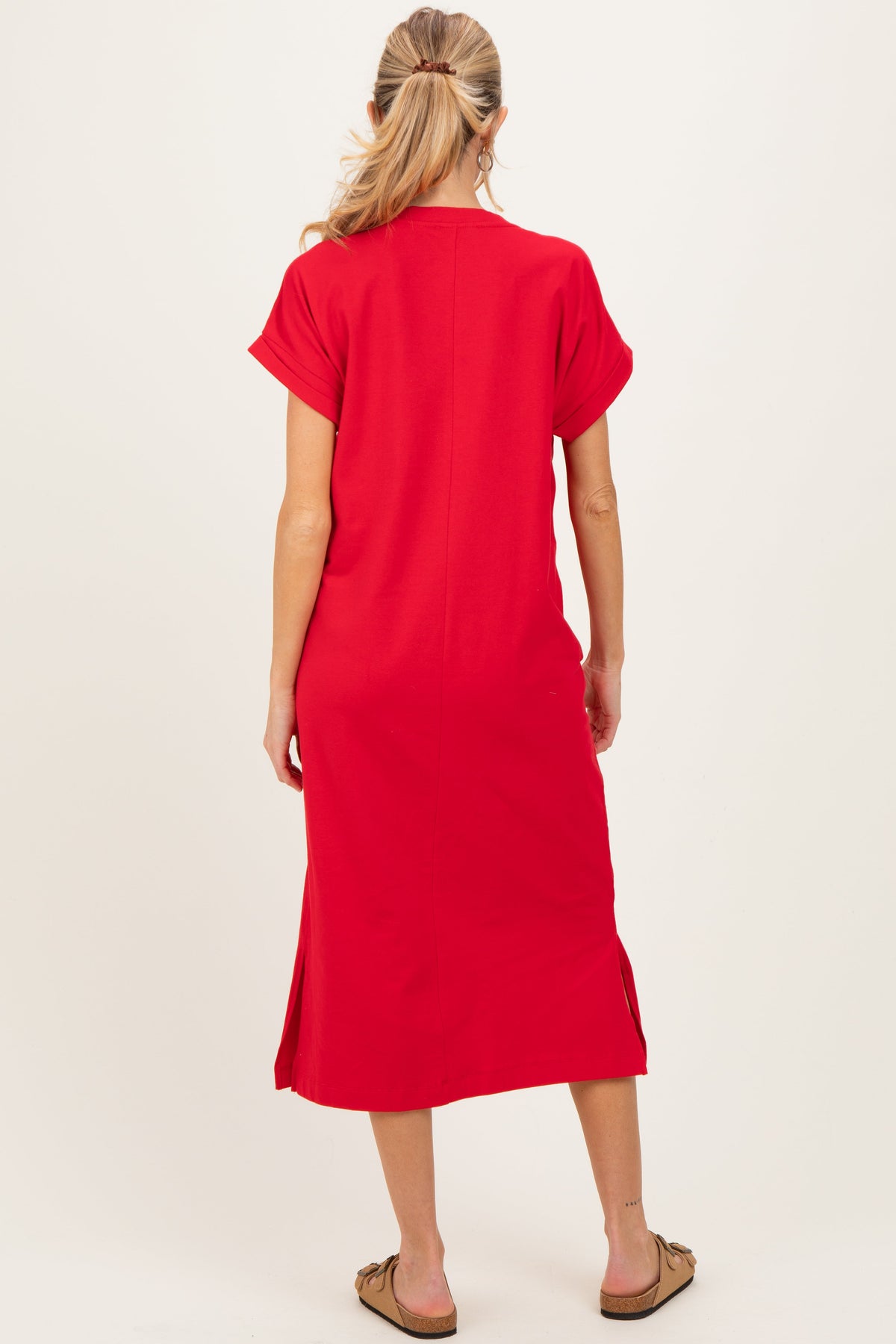 Red Pocket Front Maternity Midi T-Shirt Dress