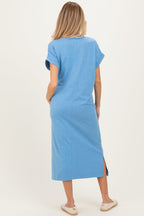 Dusty Blue Pocket Front Maternity Midi T-Shirt Dress