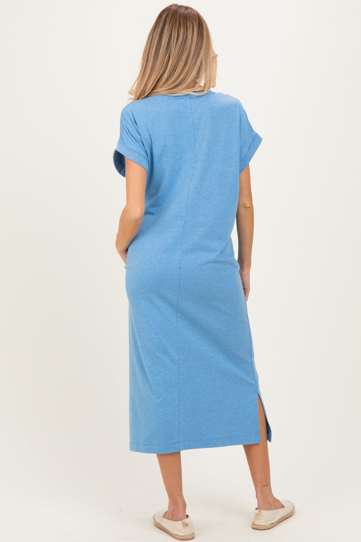Dusty Blue Pocket Front Maternity Midi T-Shirt Dress