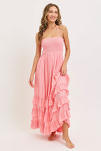 Pink Halter Smocked Ruffle Tier Hem Maternity Maxi Dress