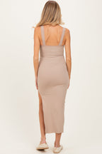 Beige Lace Trim Side Slit Maternity Tank Dress