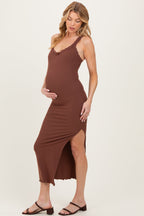 Brown Lace Trim Side Slit Maternity Tank Dress