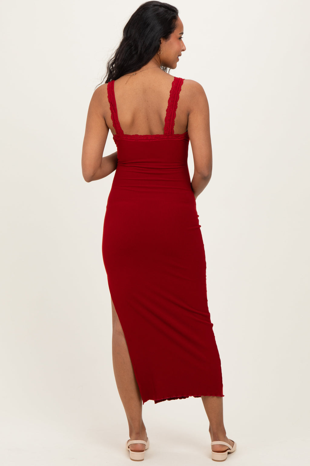 Burgundy Lace Trim Side Slit Maternity Tank Dress