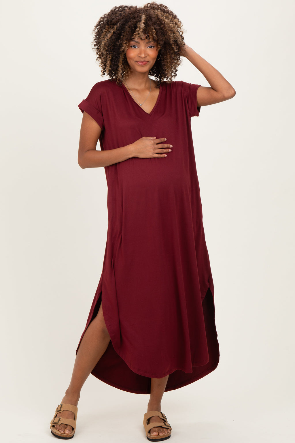 Dark Wine Side Slit Maternity Maxi Dress
