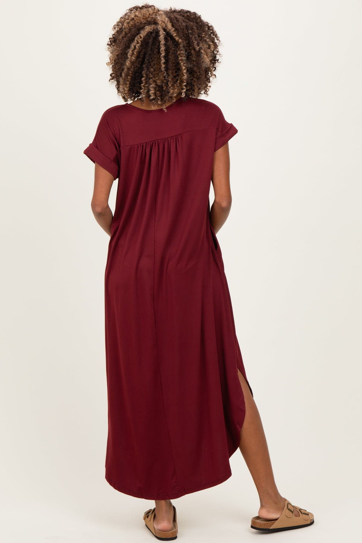 Dark Wine Side Slit Maternity Maxi Dress