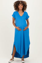 Aqua Blue Side Slit Maternity Maxi Dress