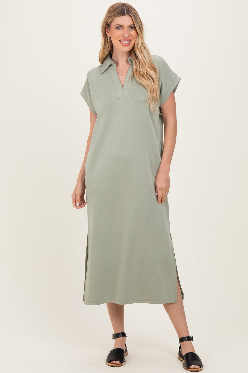 Sage Collared Short Sleeve Maternity Midi Dress