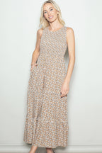 Beige Floral Smocked Sleeveless Tiered Maternity Maxi Dress
