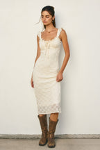 Cream Lace Ruffle Accent Sleeveless Maternity Midi Dress