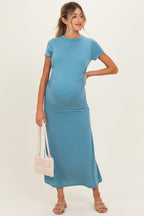 Blue Short Sleeve Ruched Maternity Midi Dress
