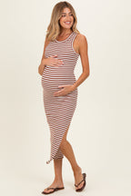 Brown Striped Side Slit Maternity Tank Dress